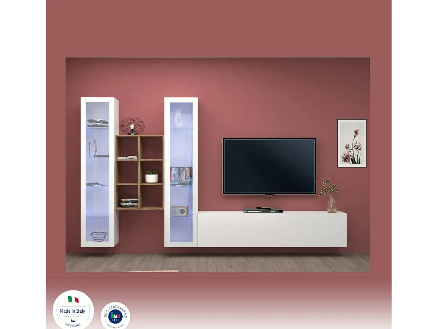 Móvel De Tv*Dmora Móvel de parede Dcorrei, móvel de sala de TV com 3 portas, móvel de sala multiuso com vitrine e luz LED, 100% Fabricado na Itália, 320x30h180 cm, brilhante Branco