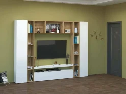 Móvel De Tv|Dmora Móvel de parede Ddragon, conjunto de sala de TV com 3 portas, móveis de sala multiuso, 100% fabricado na Itália, 270x35h210 cm, brilhante e carvalho Branco