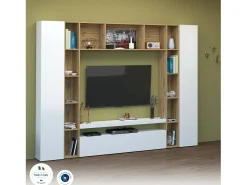 Móvel De Tv|Dmora Móvel de parede Ddragon, conjunto de sala de TV com 3 portas, móveis de sala multiuso, 100% fabricado na Itália, 270x35h210 cm, brilhante e carvalho Branco