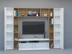 Móvel De Tv|Dmora Móvel de parede Ddragon, conjunto de sala de TV com 3 portas, móveis de sala multiuso, 100% fabricado na Itália, 270x35h210 cm, brilhante e carvalho Branco