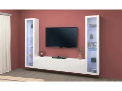 Móvel De Tv|Dmora Móvel de parede Dduc, conjunto de ala de TV com 3 porta, mobiliário de ala multiuo com vitrine e luz LED, 100% Fabricado na Itália, 260x30h180 cm, brilhante Branco
