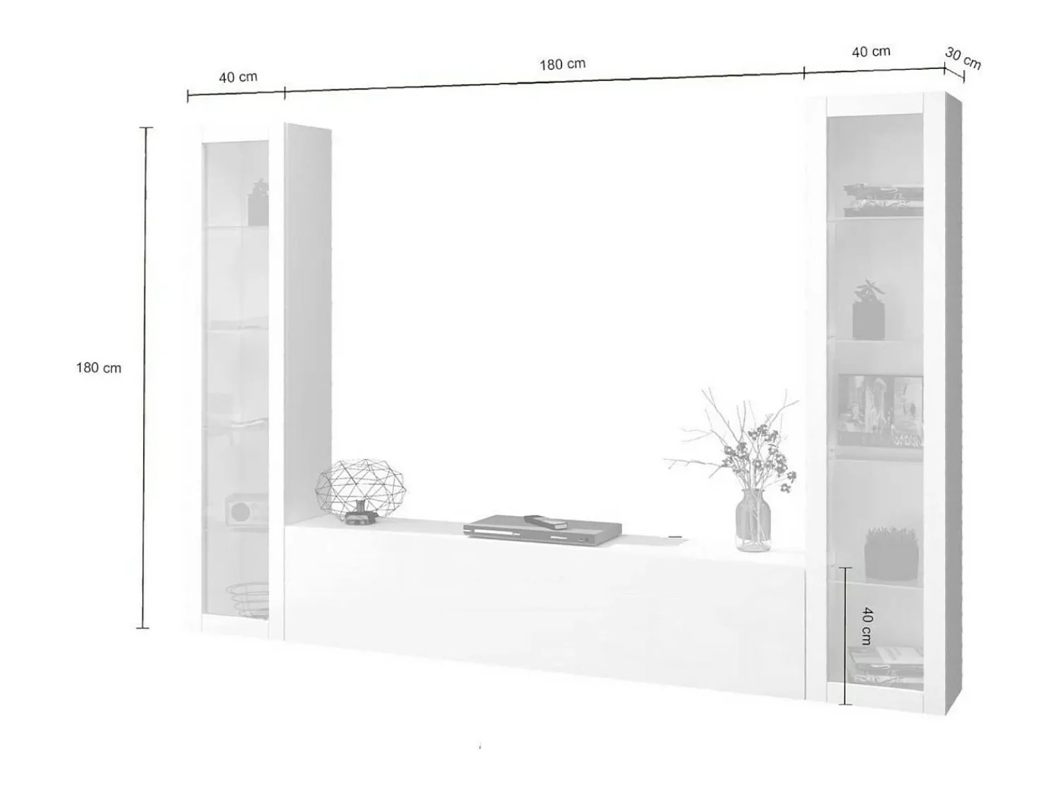 Móvel De Tv|Dmora Móvel de parede Dduc, conjunto de ala de TV com 3 porta, mobiliário de ala multiuo com vitrine e luz LED, 100% Fabricado na Itália, 260x30h180 cm, brilhante Branco