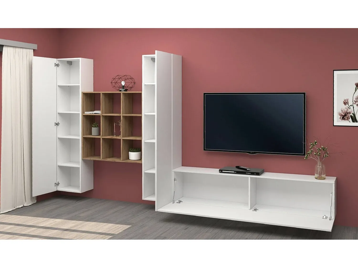 Móvel De Tv|Dmora Móvel de parede Denis, conjunto de sala de TV com 3 portas, móveis de sala multiuso, 100% fabricado na Itália, 270x30h180 cm, brilhante e bordo Branco