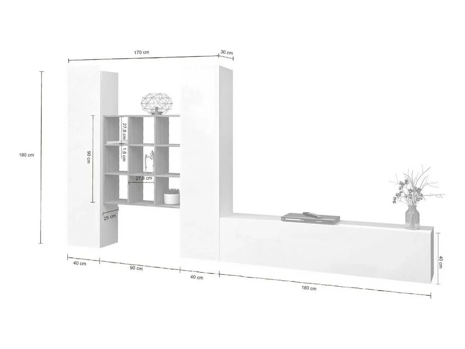 Móvel De Tv|Dmora Móvel de parede Denis, conjunto de sala de TV com 3 portas, móveis de sala multiuso, 100% fabricado na Itália, 270x30h180 cm, brilhante e bordo Branco