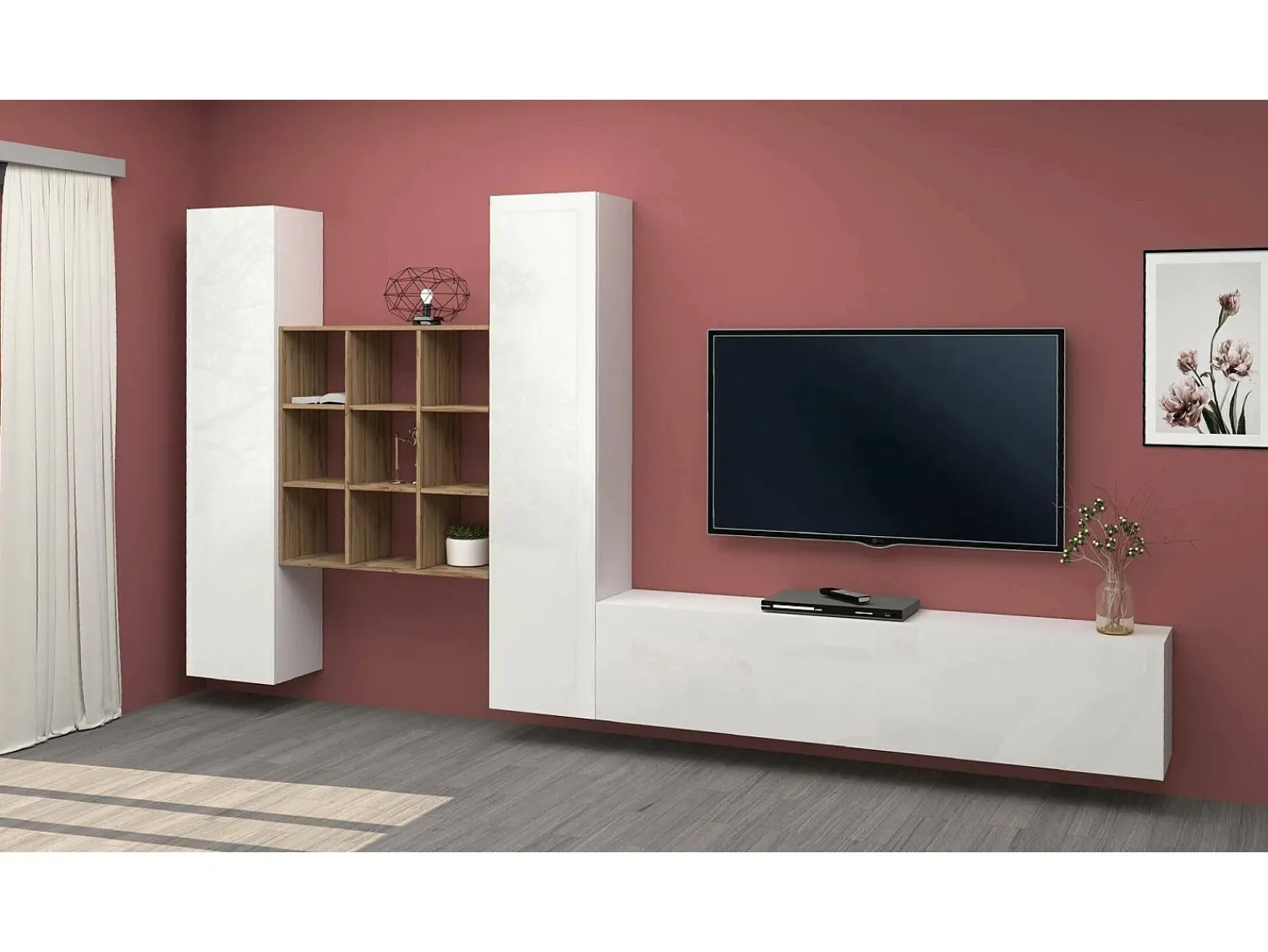 Móvel De Tv|Dmora Móvel de parede Denis, conjunto de sala de TV com 3 portas, móveis de sala multiuso, 100% fabricado na Itália, 270x30h180 cm, brilhante e bordo Branco