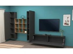 Dmora Móvel de parede Denis, conjunto de sala de TV com 3 portas, móveis de sala multiuso, 100% Fabricado na Itália, 270x30h180 cm, Antracite e Bordo^ Móvel De Tv