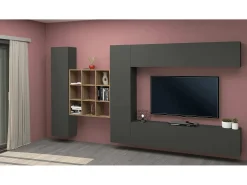 Móvel De Tv*Dmora Móvel de parede Dfallic, conjunto de sala de TV com 4 portas, móveis de sala multiuso, 100% Fabricado na Itália, 350x30h180 cm, Antracite Preto