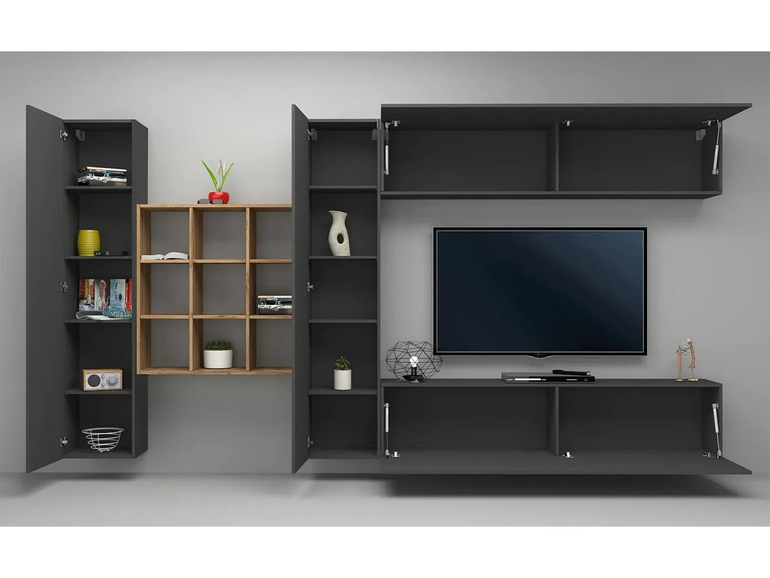 Móvel De Tv*Dmora Móvel de parede Dfallic, conjunto de sala de TV com 4 portas, móveis de sala multiuso, 100% Fabricado na Itália, 350x30h180 cm, Antracite Preto