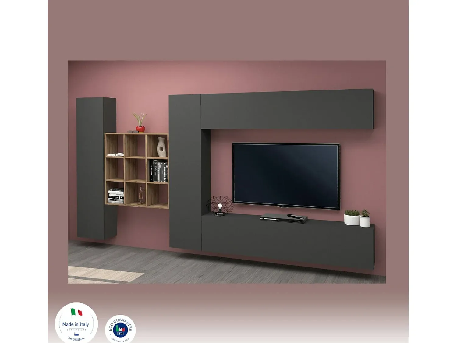 Móvel De Tv*Dmora Móvel de parede Dfallic, conjunto de sala de TV com 4 portas, móveis de sala multiuso, 100% Fabricado na Itália, 350x30h180 cm, Antracite Preto