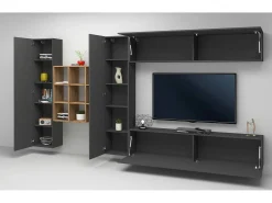 Móvel De Tv*Dmora Móvel de parede Dfallic, conjunto de sala de TV com 4 portas, móveis de sala multiuso, 100% Fabricado na Itália, 350x30h180 cm, Antracite Preto