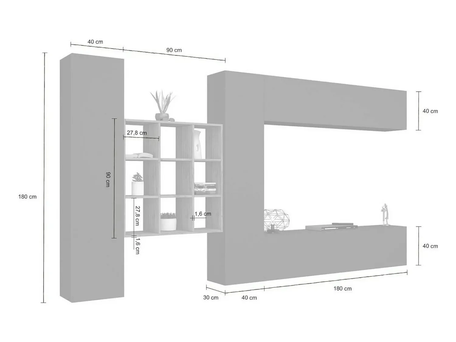 Móvel De Tv*Dmora Móvel de parede Dfallic, conjunto de sala de TV com 4 portas, móveis de sala multiuso, 100% Fabricado na Itália, 350x30h180 cm, Antracite Preto