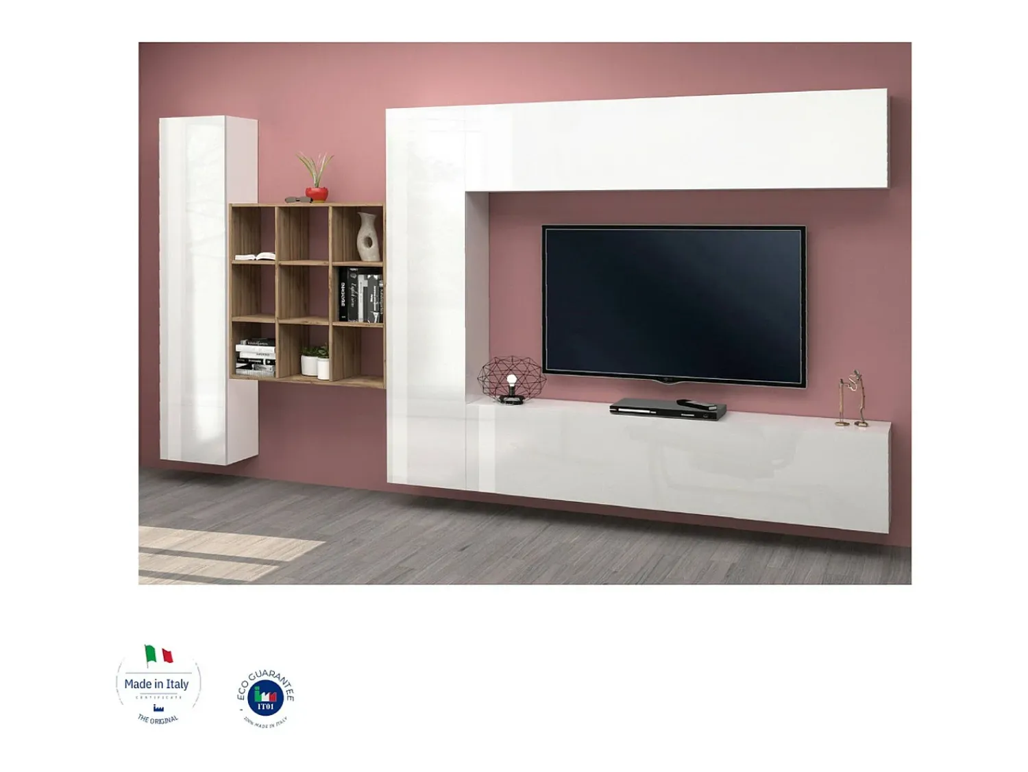 Móvel De Tv*Dmora Móvel de parede Dfallic, conjunto de sala de TV com 4 portas, móveis de sala multiuso, 100% Fabricado na Itália, 350x30h180 cm, brilhante Branco
