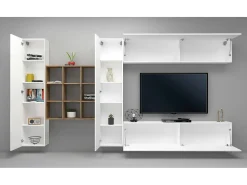 Móvel De Tv*Dmora Móvel de parede Dfallic, conjunto de sala de TV com 4 portas, móveis de sala multiuso, 100% Fabricado na Itália, 350x30h180 cm, brilhante Branco