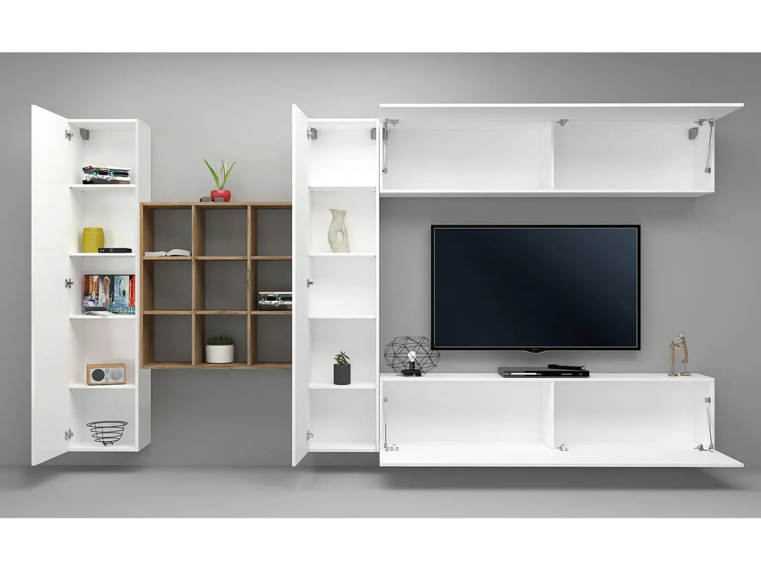 Móvel De Tv*Dmora Móvel de parede Dfallic, conjunto de sala de TV com 4 portas, móveis de sala multiuso, 100% Fabricado na Itália, 350x30h180 cm, brilhante Branco