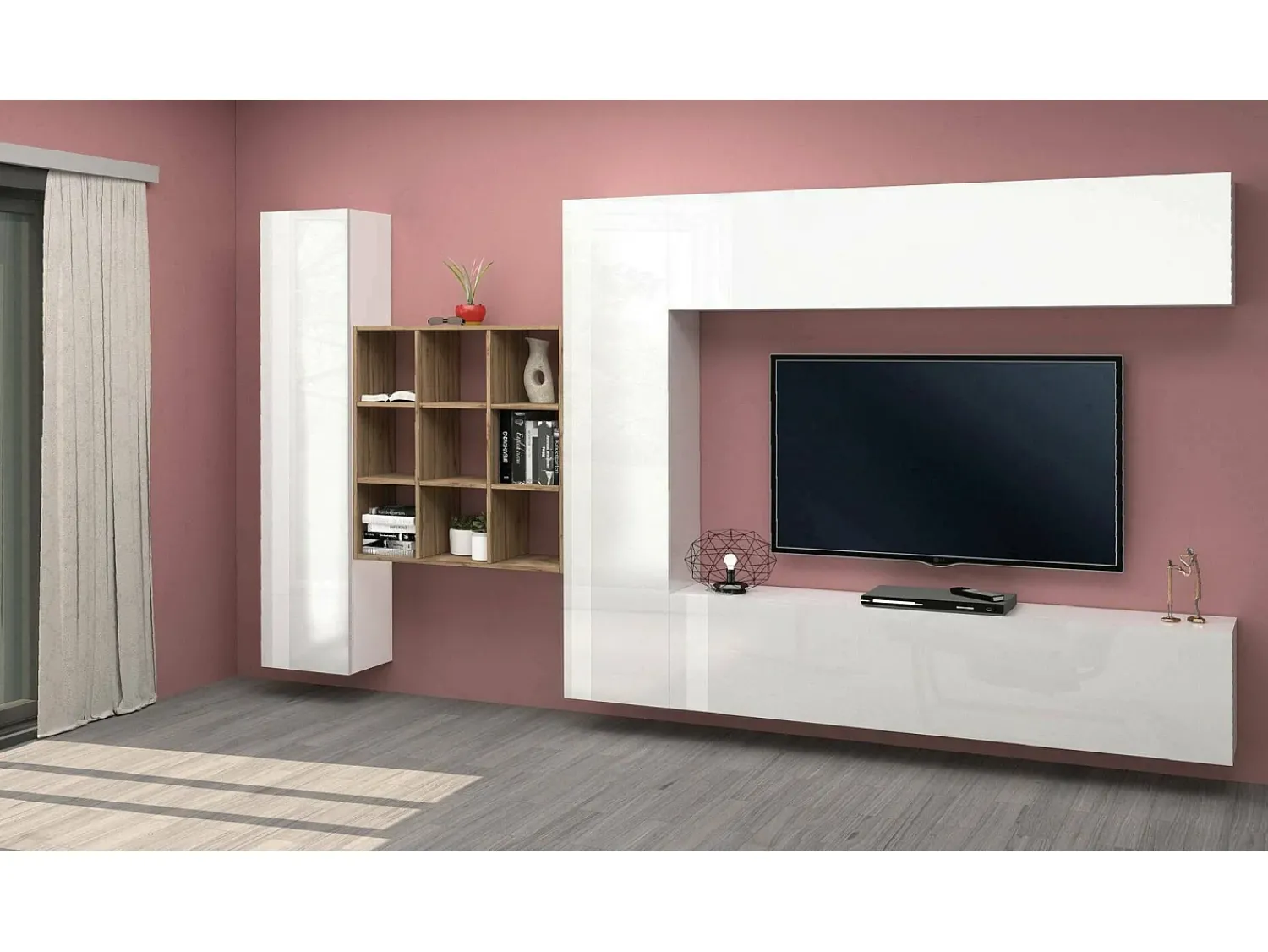 Móvel De Tv*Dmora Móvel de parede Dfallic, conjunto de sala de TV com 4 portas, móveis de sala multiuso, 100% Fabricado na Itália, 350x30h180 cm, brilhante Branco
