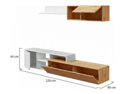 Dmora Móvel de parede Dianes, Móvel de sala de TV reversível, Composição de sala com móvel de parede e prateleira, 220x40h44 cm, Carvalho com efeito nó e Branco^ Móvel De Tv