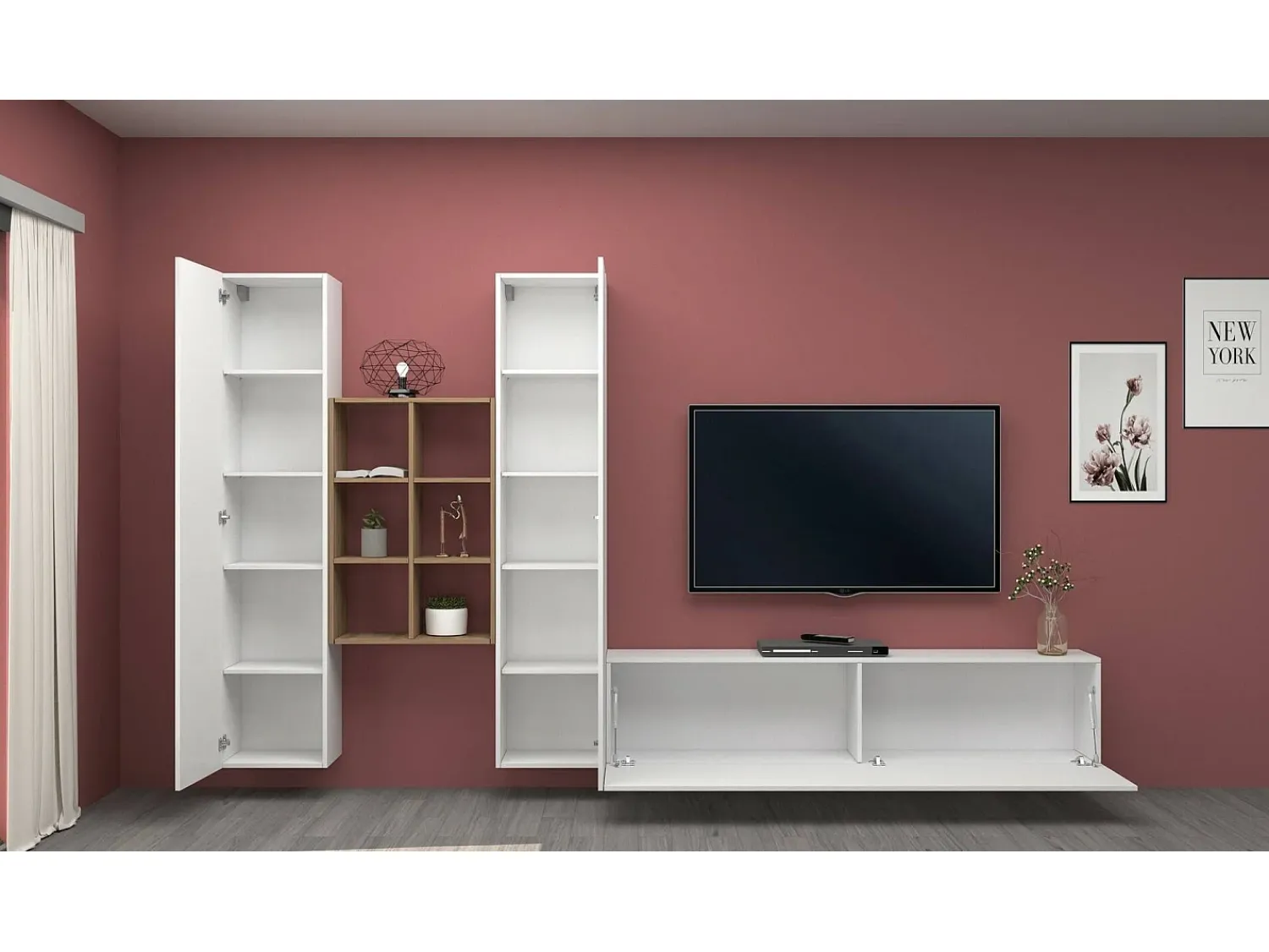Móvel De Tv*Dmora Móvel de parede Emiliano, conjunto de sala de TV com 3 portas, móveis de sala multiuso, 100% Made in Italy, 320x30h180 cm, brilhante e bordo Branco