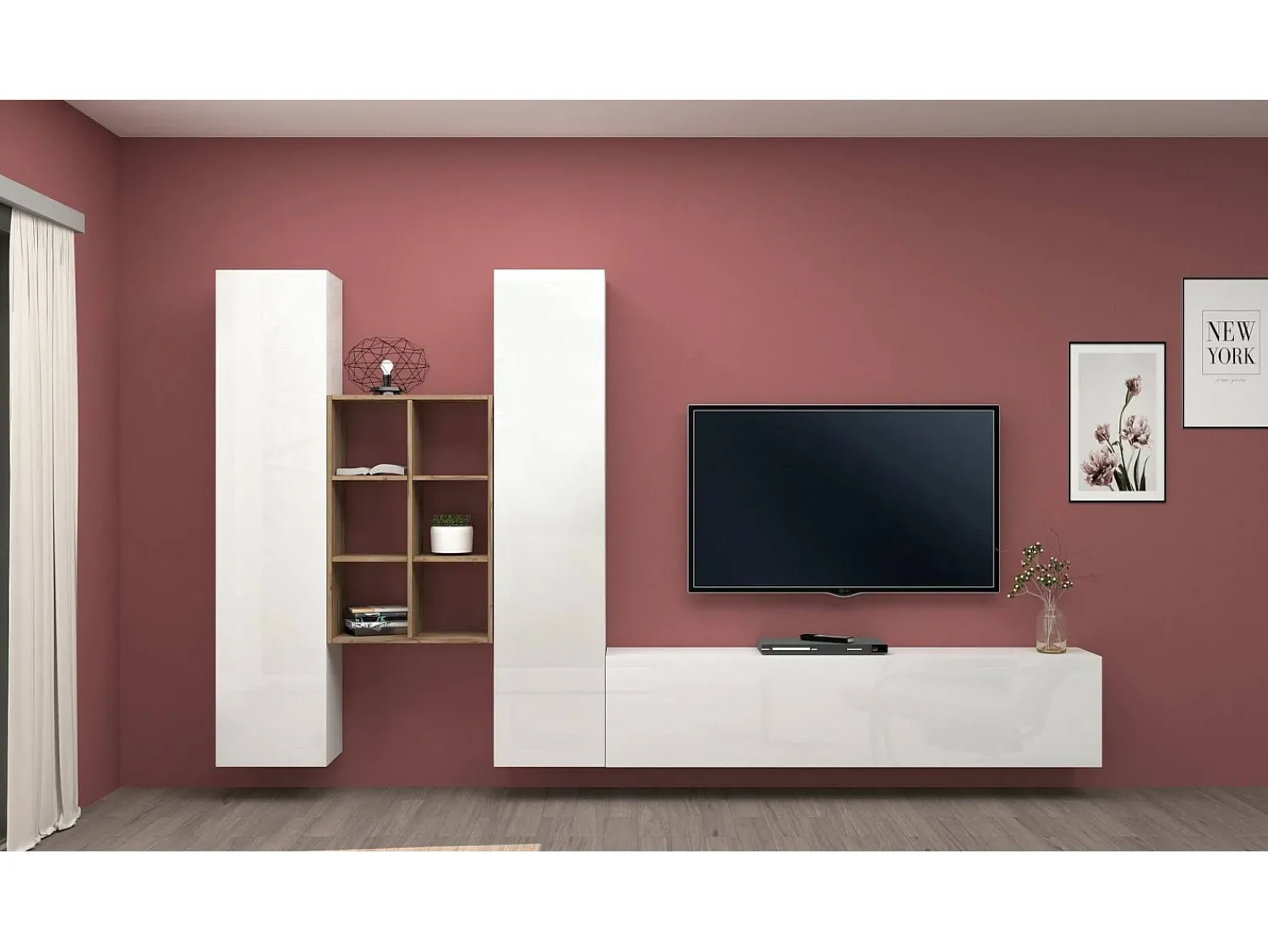 Móvel De Tv*Dmora Móvel de parede Emiliano, conjunto de sala de TV com 3 portas, móveis de sala multiuso, 100% Made in Italy, 320x30h180 cm, brilhante e bordo Branco
