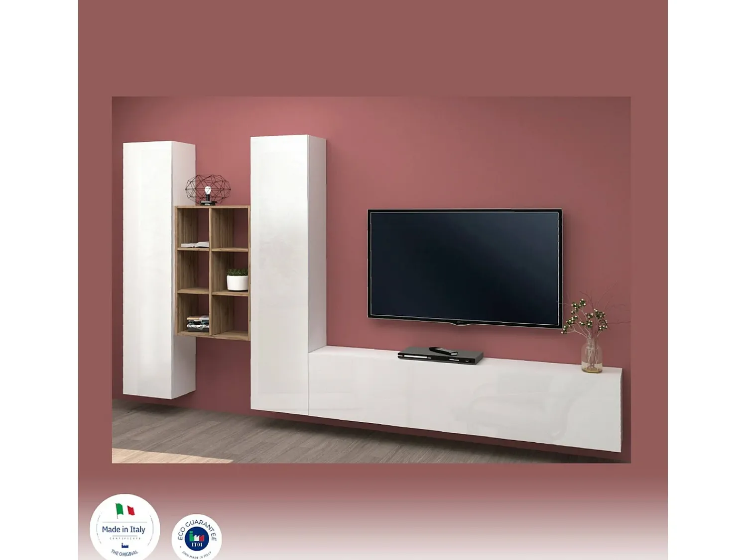 Móvel De Tv*Dmora Móvel de parede Emiliano, conjunto de sala de TV com 3 portas, móveis de sala multiuso, 100% Made in Italy, 320x30h180 cm, brilhante e bordo Branco