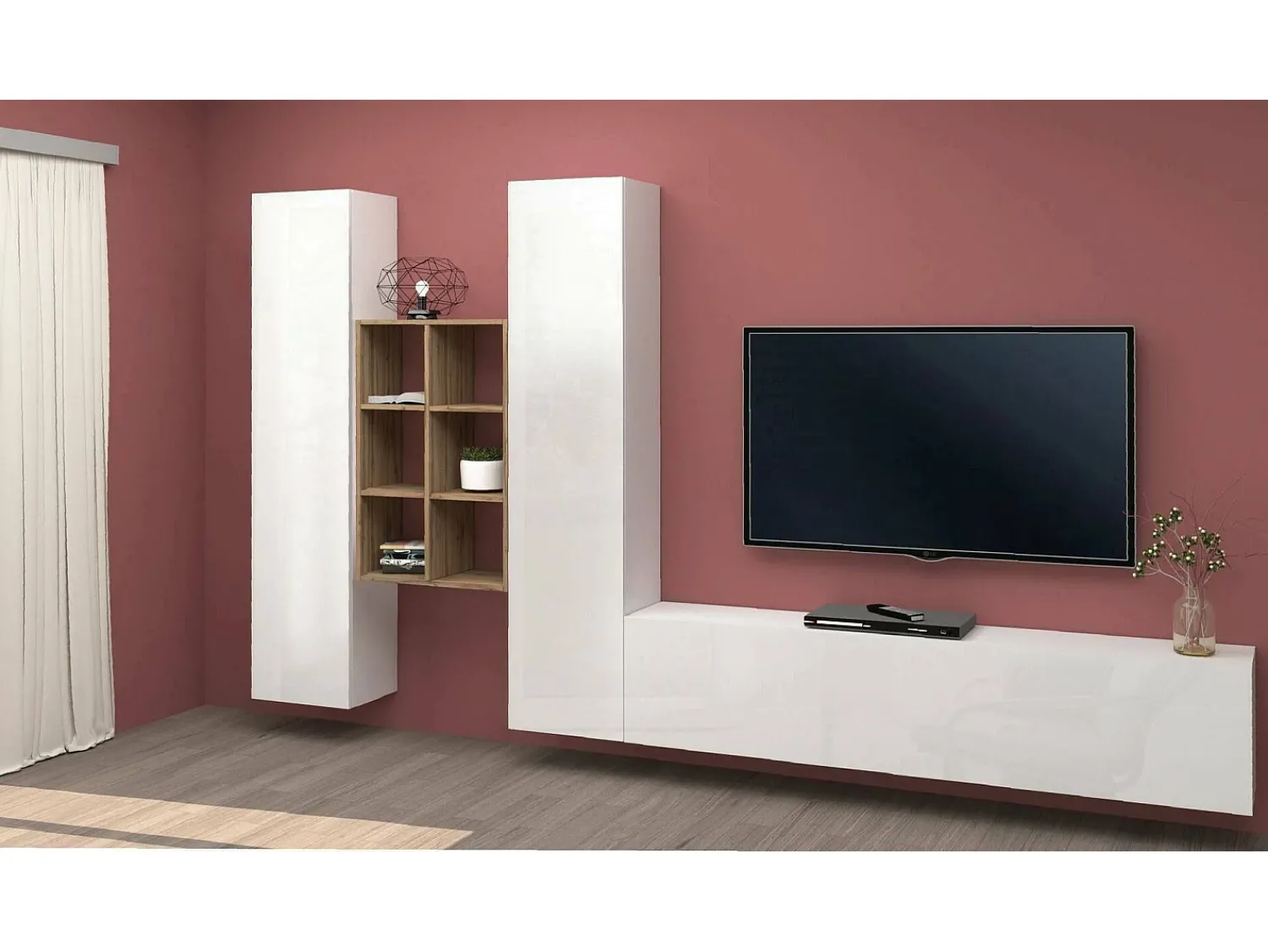 Móvel De Tv*Dmora Móvel de parede Emiliano, conjunto de sala de TV com 3 portas, móveis de sala multiuso, 100% Made in Italy, 320x30h180 cm, brilhante e bordo Branco