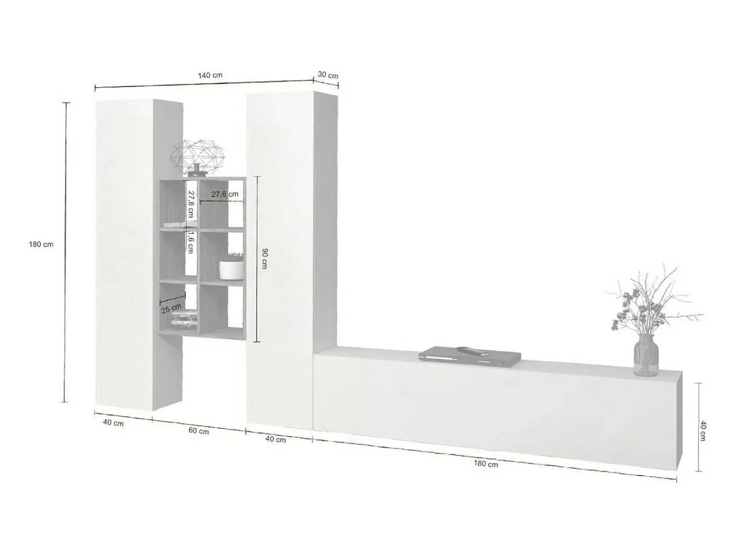 Móvel De Tv*Dmora Móvel de parede Emiliano, conjunto de sala de TV com 3 portas, móveis de sala multiuso, 100% Made in Italy, 320x30h180 cm, brilhante e bordo Branco