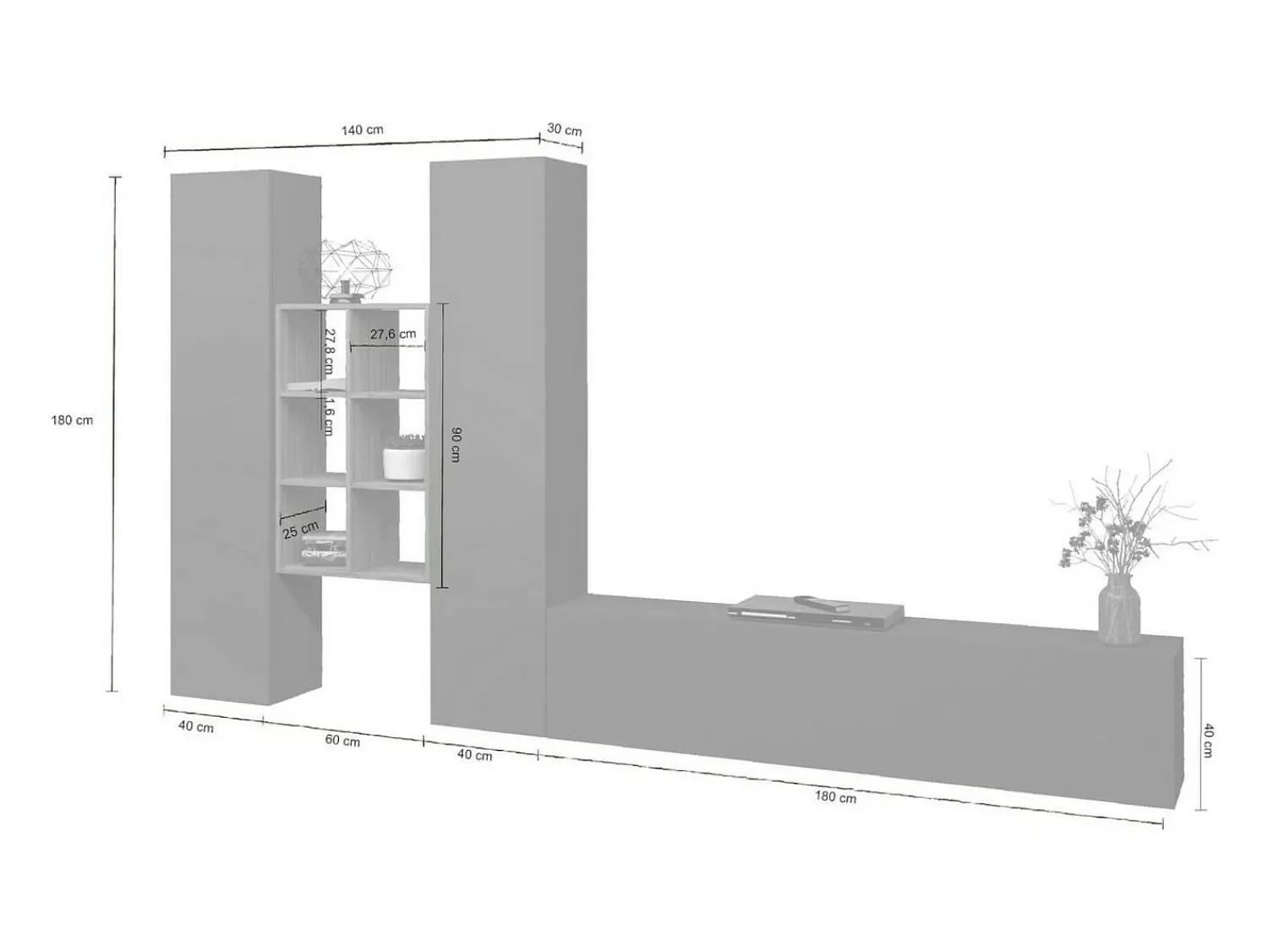 Clearance Dmora Móvel de parede Emiliano, conjunto de sala de TV com 3 portas, móveis de sala multiuso, 100% Fabricado na Itália, 320x30h180 cm, Antracite e Bordo Preto
