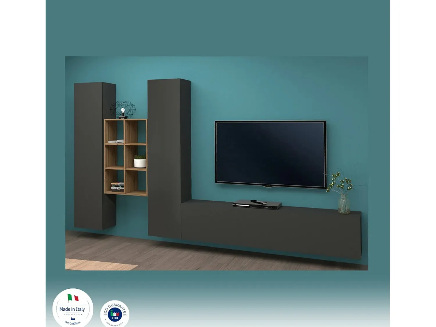 Clearance Dmora Móvel de parede Emiliano, conjunto de sala de TV com 3 portas, móveis de sala multiuso, 100% Fabricado na Itália, 320x30h180 cm, Antracite e Bordo Preto