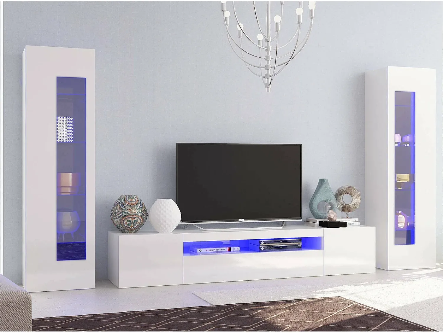 Dmora Móvel de parede Enzo, móvel de sala de TV, móvel de sala multiuso com luz LED, 100% Fabricado na Itália, 290x40h162 cm, brilhante^ Móvel De Tv