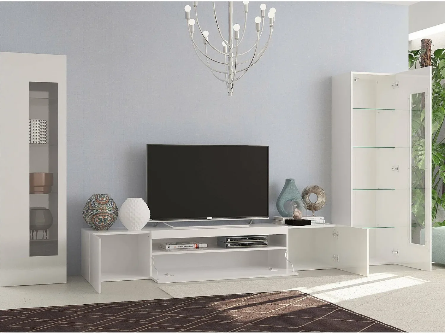 Dmora Móvel de parede Enzo, móvel de sala de TV, móvel de sala multiuso com luz LED, 100% Fabricado na Itália, 290x40h162 cm, brilhante^ Móvel De Tv