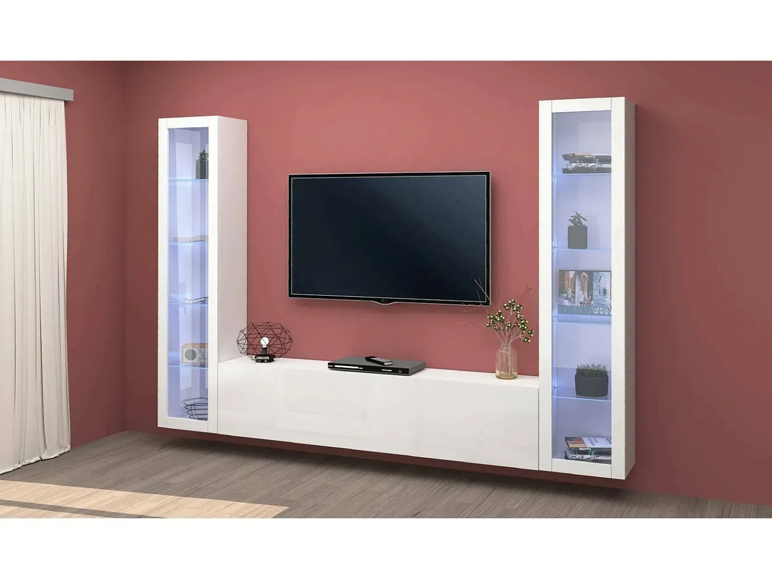 Móvel De Tv*Dmora Móvel de parede Gino, conjunto de sala de TV com 3 portas, móvel de sala multiuso com vitrine e luz LED, 100% Fabricado na Itália, 260x30h180 cm, brilhante Branco