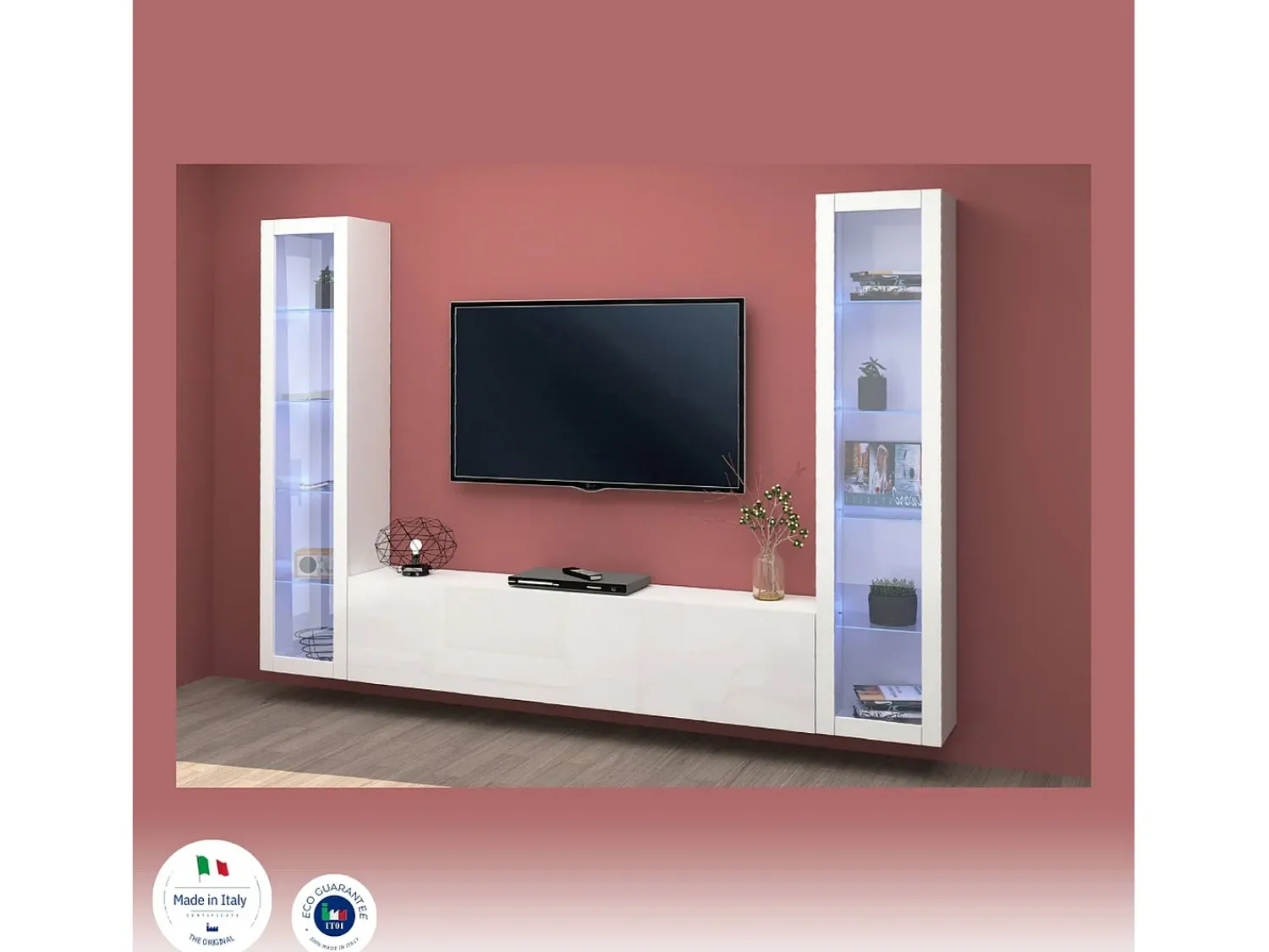 Móvel De Tv*Dmora Móvel de parede Gino, conjunto de sala de TV com 3 portas, móvel de sala multiuso com vitrine e luz LED, 100% Fabricado na Itália, 260x30h180 cm, brilhante Branco