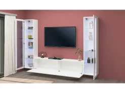 Móvel De Tv*Dmora Móvel de parede Gino, conjunto de sala de TV com 3 portas, móvel de sala multiuso com vitrine e luz LED, 100% Fabricado na Itália, 260x30h180 cm, brilhante Branco