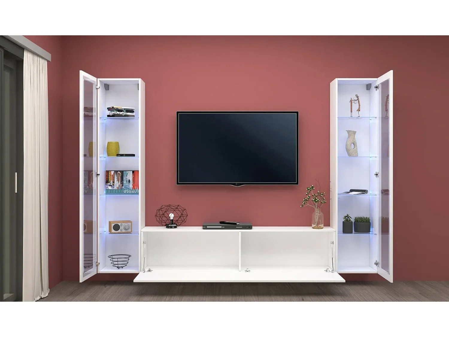 Móvel De Tv*Dmora Móvel de parede Gino, conjunto de sala de TV com 3 portas, móvel de sala multiuso com vitrine e luz LED, 100% Fabricado na Itália, 260x30h180 cm, brilhante Branco
