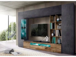 Dmora Móvel de parede oceano, móvel de sala de TV, mobiliário de sala multiuso com luz LED, 100% Fabricado em Itália, 290x40h192 cm, Ardósia e Bordo^ Móvel De Tv
