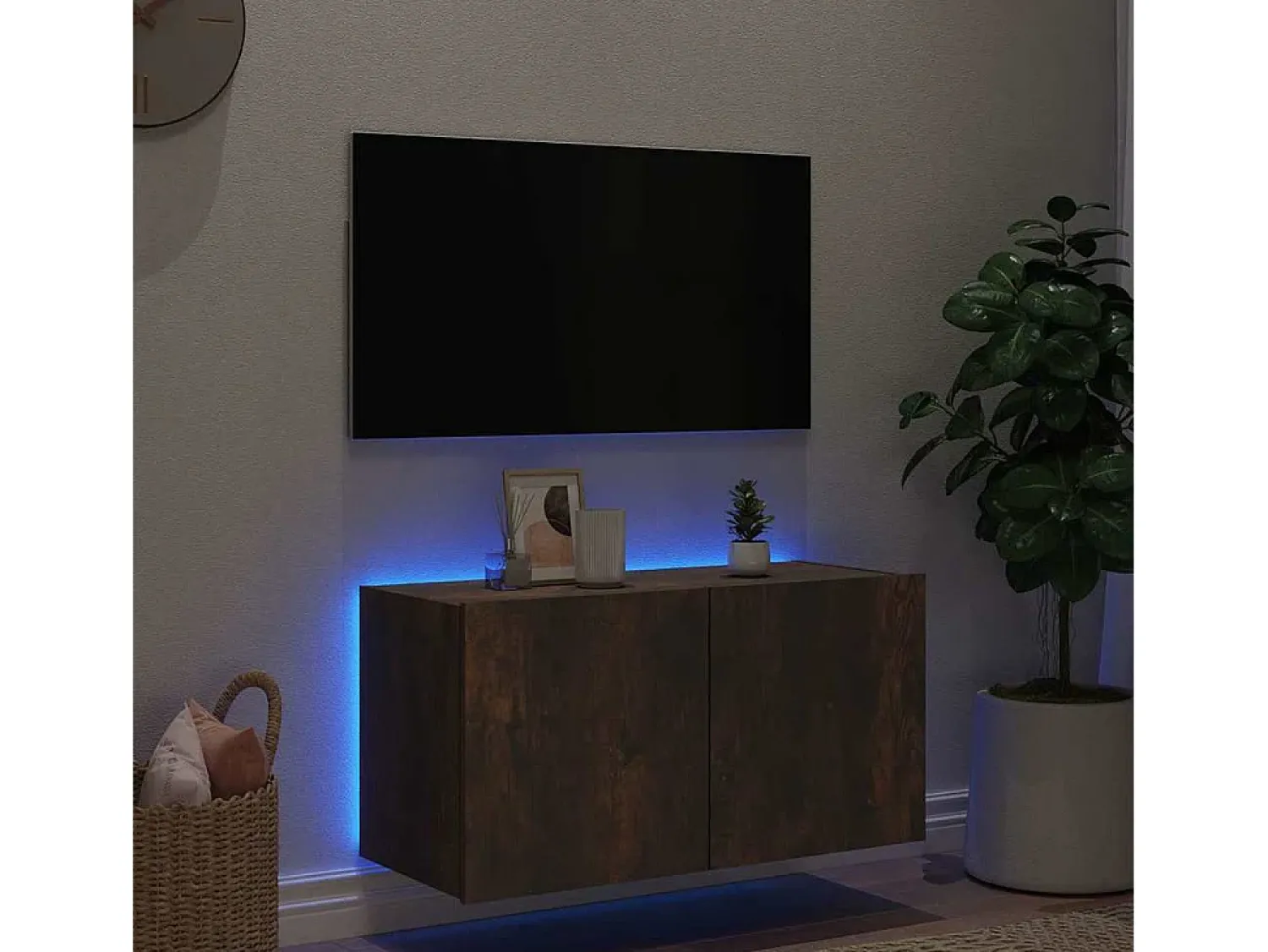 Best vidaxl Móvel de parede p/ TV c/ luzes LED 80x35x41 cm carvalho fumado Castanho