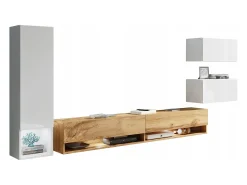 Móvel De Tv| Móvel de sala 4 peças – conjunto suspenso TV 180 cm, coluna, 2 armários, branco brilho + carvalho wotan Natural escuro