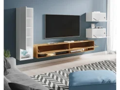 Móvel De Tv| Móvel de sala 4 peças – conjunto suspenso TV 180 cm, coluna, 2 armários, branco brilho + carvalho wotan Natural escuro