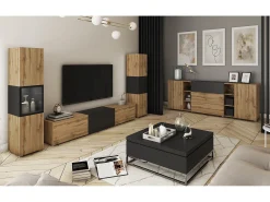 Móvel de sala com iluminação LED, conjunto suspenso e de chão com móvel TV 180 cm, vitrine e coluna, corpo carvalho wotan, inserto preto mate^ Móvel De Tv