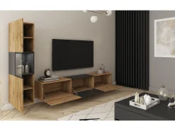 Móvel de sala com iluminação, conjunto suspenso e de chão de 2 elementos com móvel de TV de 180 cm e vitrina, corpo carvalho wotan, inserto preto mate^ Móvel De Tv