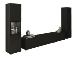Móvel de sala com iluminação LED, conjunto suspenso e de chão com móvel TV 180 cm, vitrine e coluna, corpo mate^ Móvel De Tv