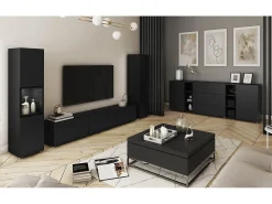 Móvel de sala com iluminação LED, conjunto suspenso e de chão com móvel TV 180 cm, vitrine e coluna, corpo mate^ Móvel De Tv