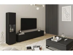 Móvel De Tv* Móvel de sala com iluminação, conjunto suspenso e de chão de 2 elementos com móvel de TV de 180 cm e vitrina, corpo mate Preto