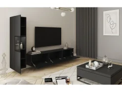 Móvel De Tv* Móvel de sala com iluminação, conjunto suspenso e de chão de 2 elementos com móvel de TV de 180 cm e vitrina, corpo mate Preto