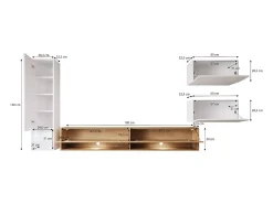 Online Móvel de sala LED 4 peças – conjunto suspenso TV 180 cm, coluna, 2 módulos, branco brilho e carvalho Wotan Natural escuro