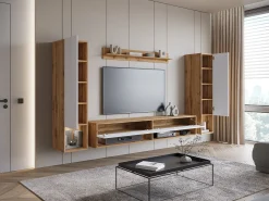 Móvel de sala moderno – conjunto suspenso com 2 colunas + móvel de TV 180 cm + prateleira, corpo carvalho wotan mate, frentes branco brilho^ Móvel De Tv
