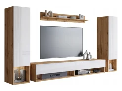 Móvel de sala moderno – conjunto suspenso com 2 colunas + móvel de TV 180 cm + prateleira, corpo carvalho wotan mate, frentes branco brilho^ Móvel De Tv
