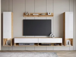 Móvel de sala moderno – conjunto suspenso com 2 colunas + móvel de TV 180 cm + prateleira, corpo carvalho wotan mate, frentes branco brilho^ Móvel De Tv