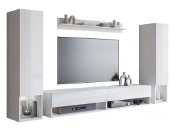 Móvel De Tv* Móvel de sala moderno – conjunto suspenso com 2 colunas + móvel de TV 180 cm + prateleira, corpo mate, frentes brilho Branco
