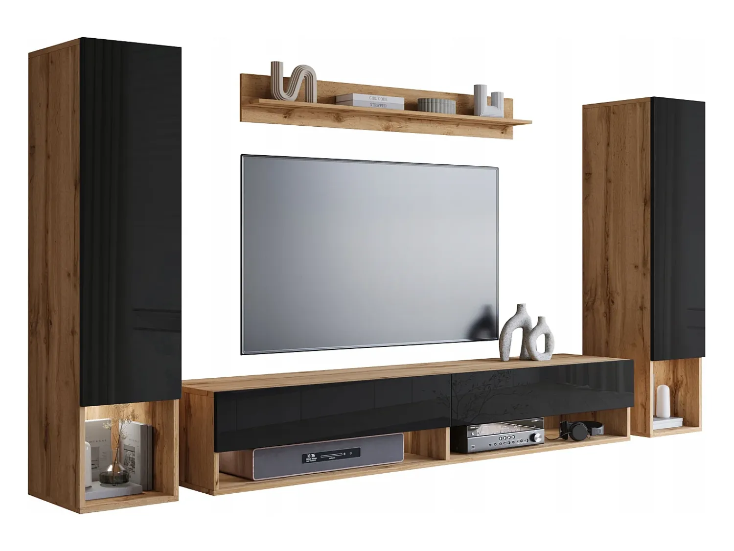 Clearance Móvel de sala moderno – conjunto suspenso com 2 colunas + móvel de TV 180 cm + prateleira, corpo carvalho wotan mate, frentes preto brilho Natural escuro