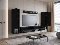 Móvel De Tv* Móvel de sala moderno – conjunto suspenso com 2 colunas + móvel de TV 180 cm + prateleira, mate Preto